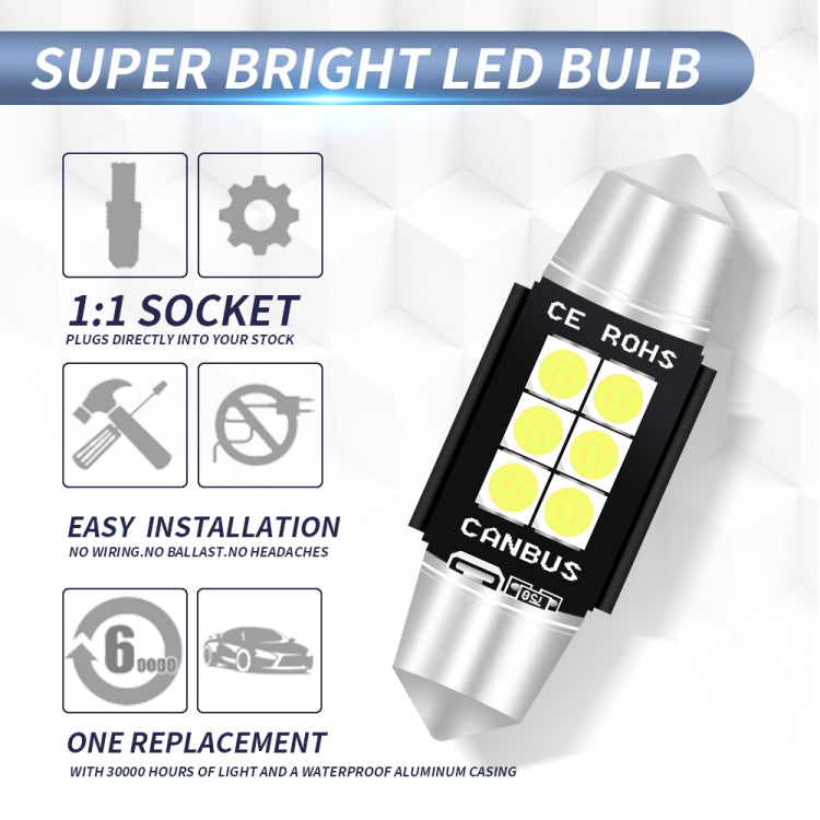 2 PCS 36mm DC12V-24V 3W 6000K 660LM 6LEDs SMD-3030 Car Reading Lamp / License Plate Light - License Plate Lights by buy2fix | Online Shopping UK | buy2fix