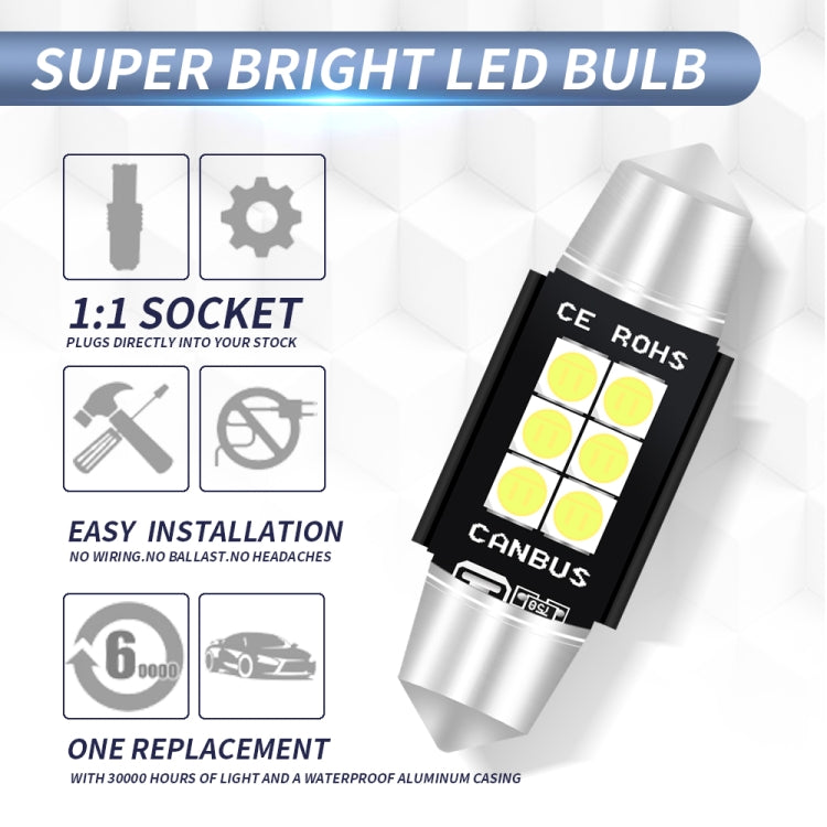 2 PCS 39mm DC12V-24V 3W 6000K 660LM 6LEDs SMD-3030 Car Reading Lamp / License Plate Light - License Plate Lights by buy2fix | Online Shopping UK | buy2fix