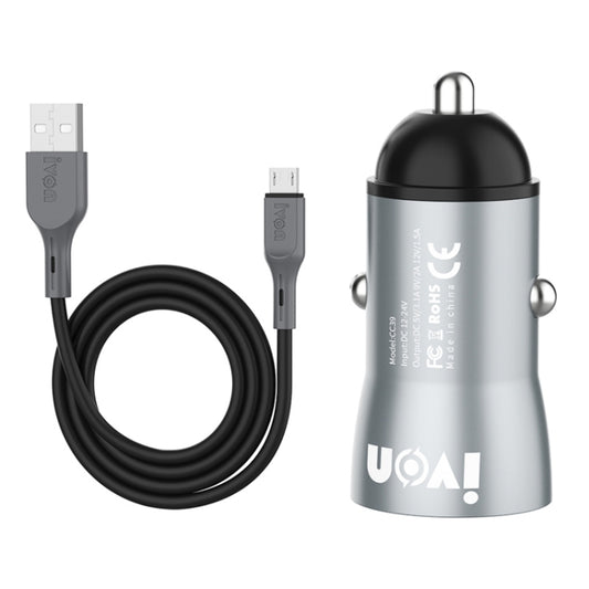 IVON CC39 18W 3.1A QC 3.0 USB Car Charger + 1m USB to Micro USB Fast Charge Data Cable Set by IVON