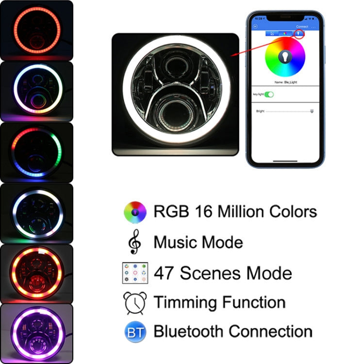 2 PCS 7 inch DC12V 6000K-6500K 50W Car LED Headlight Lamp Beads for Jeep Wrangler / Harley, Support APP + Bluetooth Control(Black) - Work Lights by buy2fix | Online Shopping UK | buy2fix