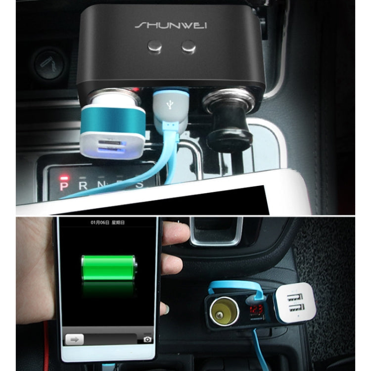SHUNWEI SD-1925 120W 3A Car 2 in 1 Dual USB Charger 90 Degree Free Rotation Cigarette Lighter(Black) by SHUNWEI