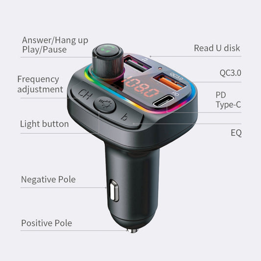 C14 Multifunctional Car Dual QC3.0+PD18W USB Charger Bluetooth FM Transmitter with Atmosphere Light by buy2fix