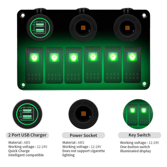 Multi-functional Combination Switch Panel 12V / 24V 6 Way Switches + Dual USB Charger for Car RV Marine Boat (Green Light) by buy2fix