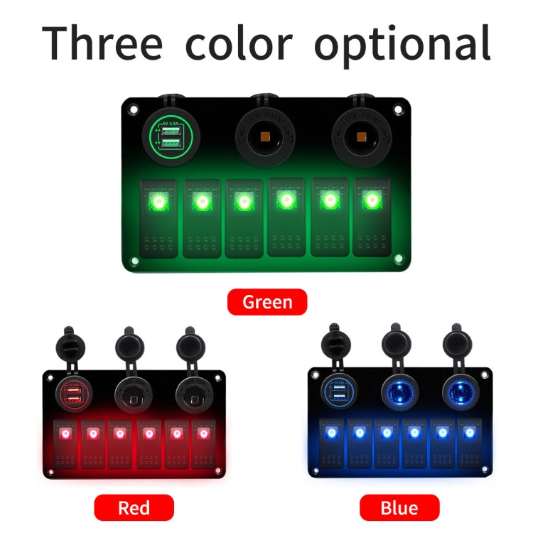 Multi-functional Combination Switch Panel 12V / 24V 6 Way Switches + Dual USB Charger for Car RV Marine Boat (Green Light) by buy2fix