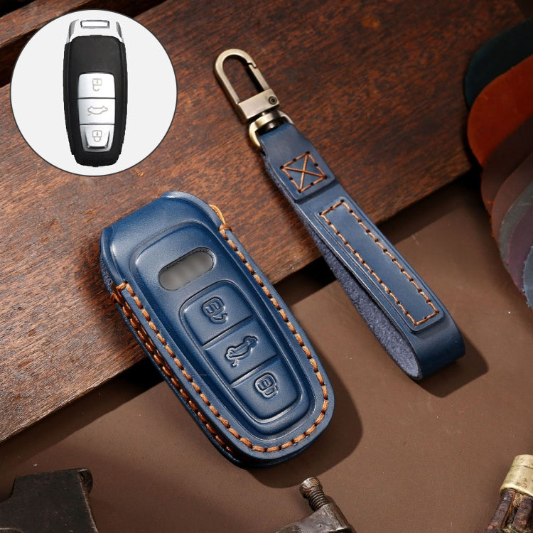 Hallmo Car Cowhide Leather Key Protective Cover Key Case for Audi A6L / A8L / A4 / A7 / A5 C Style(Blue) - Car Key Cases by Hallmo | Online Shopping UK | buy2fix