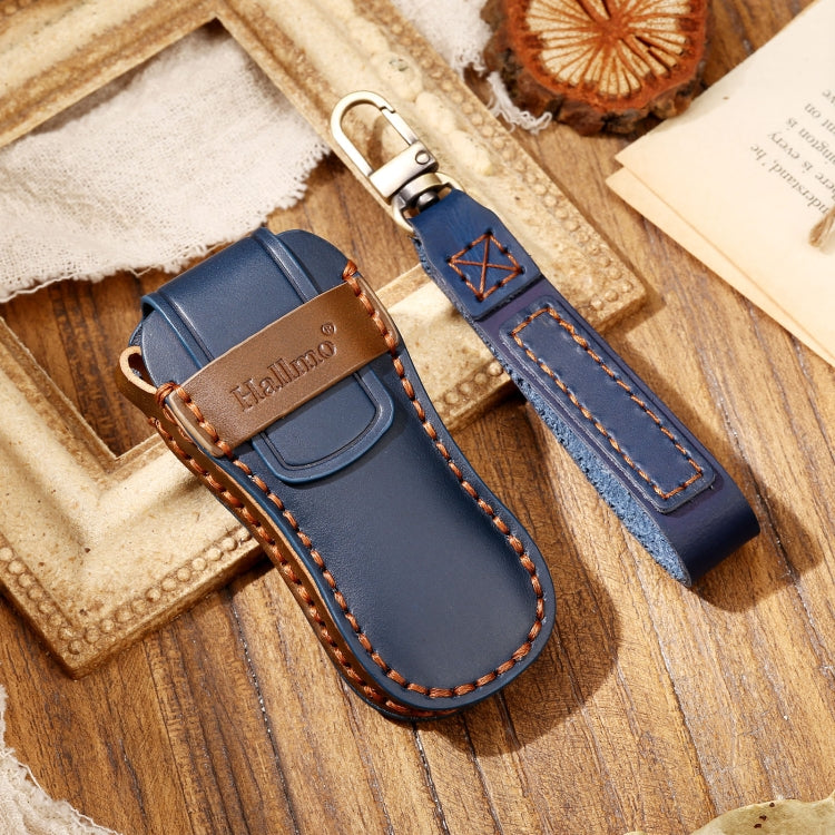 Hallmo Car Cowhide Leather Key Protective Cover Key Case for Porsche Macan 718 2021 B Style(Blue) - Car Key Cases by Hallmo | Online Shopping UK | buy2fix