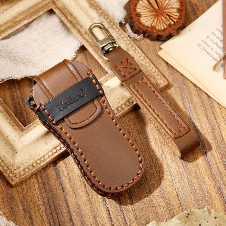Hallmo Car Cowhide Leather Key Protective Cover Key Case for Porsche Macan 718 2021 B Style(Brown) - Car Key Cases by Hallmo | Online Shopping UK | buy2fix