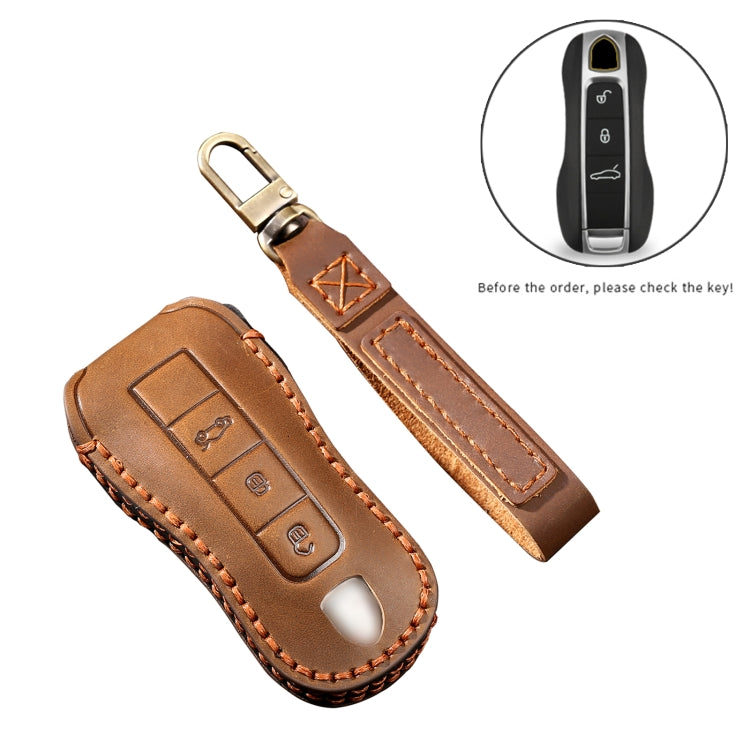 Hallmo Car Cowhide Leather Key Protective Cover Key Case for Porsche Macan 718 2021 B Style(Blue) - Car Key Cases by Hallmo | Online Shopping UK | buy2fix