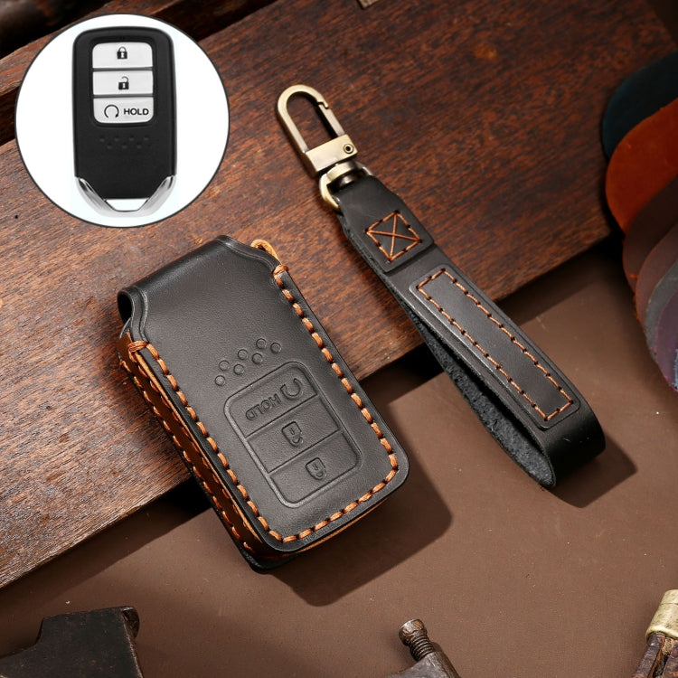 Hallmo Car Cowhide Leather Key Protective Cover Key Case for Honda Civic / Accord 3-button Start(Black) - Car Key Cases by Hallmo | Online Shopping UK | buy2fix