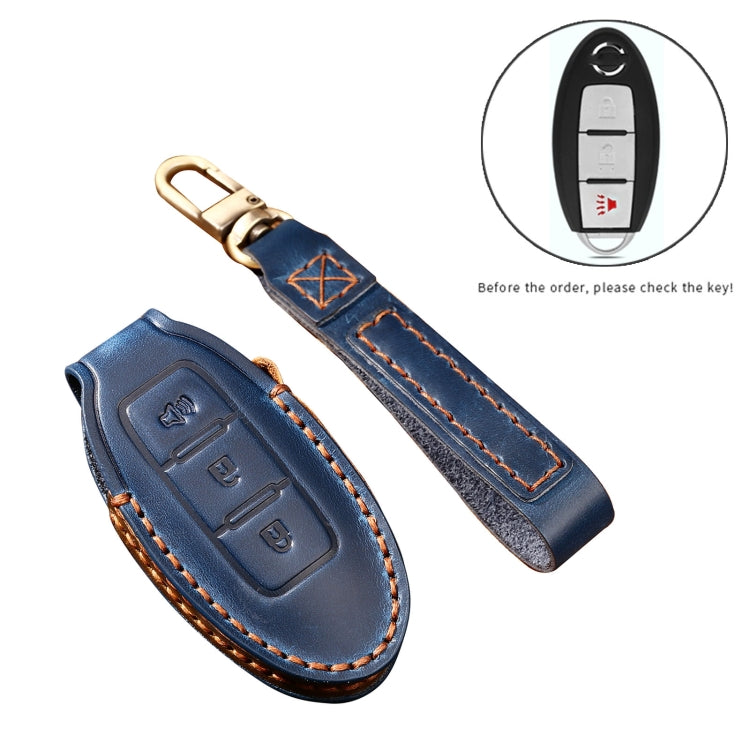 Hallmo Car Cowhide Leather Key Protective Cover Key Case for Nissan Sylphy 3-button Horn(Blue) - Car Key Cases by Hallmo | Online Shopping UK | buy2fix