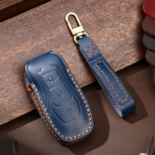 Hallmo Car Cowhide Leather Key Protective Cover Key Case for Ford Focus A Style(Blue) by Hallmo