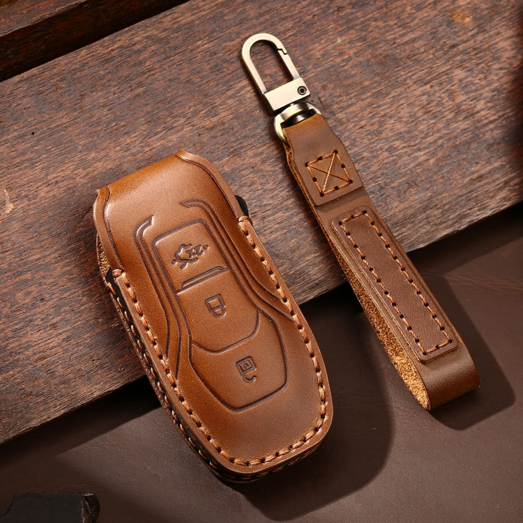 Hallmo Car Cowhide Leather Key Protective Cover Key Case for Ford Focus A Style(Brown) - Car Key Cases by Hallmo | Online Shopping UK | buy2fix