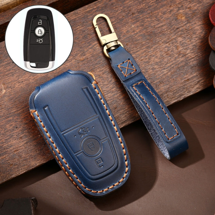 Hallmo Car Cowhide Leather Key Protective Cover Key Case for Ford Focus B Style(Blue) - Car Key Cases by Hallmo | Online Shopping UK | buy2fix