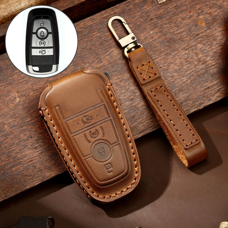 Hallmo Car Cowhide Leather Key Protective Cover Key Case for Ford Focus C Style(Brown) - Car Key Cases by Hallmo | Online Shopping UK | buy2fix