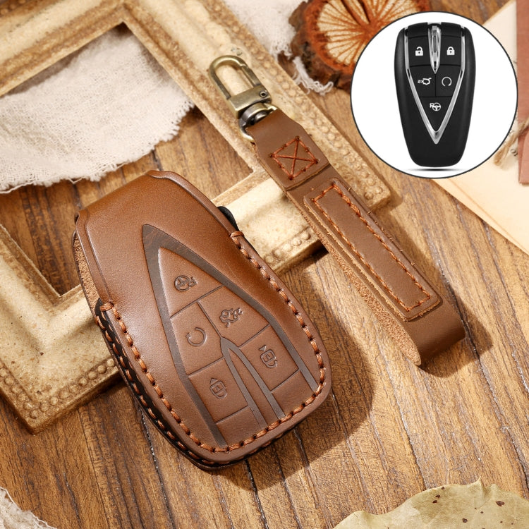 Hallmo Car Cowhide Leather Key Protective Cover Key Case for Changan CS75 Plus(Brown) - Car Key Cases by Hallmo | Online Shopping UK | buy2fix