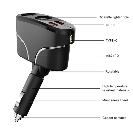 TR35 Car 2 in 1 Cigarette Lighter Extension Socket 20W PD Fast Charge QC3.0 USB Charger - Cigar Socket by buy2fix | Online Shopping UK | buy2fix