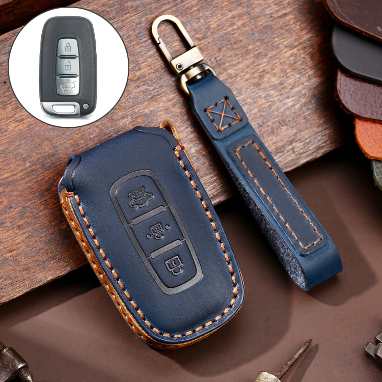 Hallmo Car Cowhide Leather Key Protective Cover Key Case for KIA K2 / K3 / K5 3-button(Blue) - Car Key Cases by Hallmo | Online Shopping UK | buy2fix