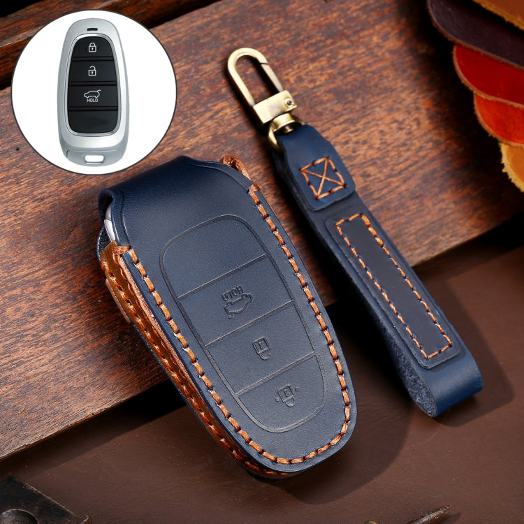 Hallmo Car Cowhide Leather Key Protective Cover Key Case for Hyundai 3-button(Blue) - Car Key Cases by Hallmo | Online Shopping UK | buy2fix