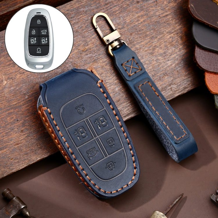 Hallmo Car Cowhide Leather Key Protective Cover Key Case for Hyundai 6-button(Blue) - Car Key Cases by Hallmo | Online Shopping UK | buy2fix
