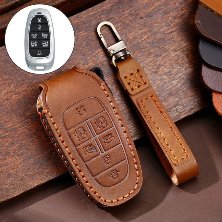 Hallmo Car Cowhide Leather Key Protective Cover Key Case for Hyundai 7-button(Brown) - Car Key Cases by Hallmo | Online Shopping UK | buy2fix