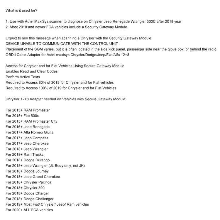 Car FCA 12+8Pin to OBD2 Diagnostic Interface for Chrysler by buy2fix