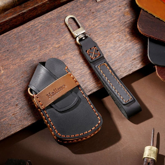 Hallmo Car Cowhide Leather Key Protective Cover for Volkswagen Golf 8(Black) by Hallmo