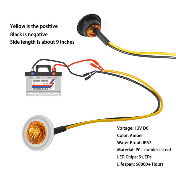 10 PCS MK-118 3/4 inch Metal Frame Car / Truck 3LEDs Side Marker Indicator Lights Bulb Lamp (Yellow Light) - Clearance Lights by buy2fix | Online Shopping UK | buy2fix