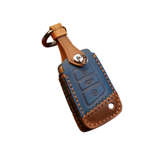 For Volkswagen Car Cowhide Leather Key Protective Cover Key Case, B Version(Blue) by buy2fix