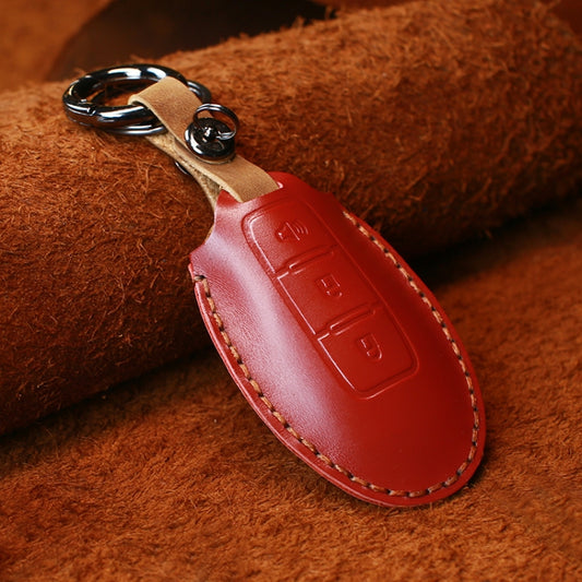For Nissan Car Cowhide Leather Key Protective Cover Key Case, Three Keys Horn Version (Red) by buy2fix
