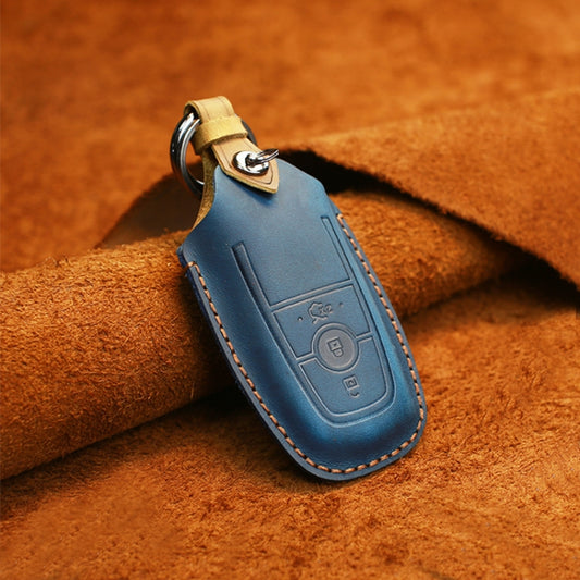 For Ford Car Cowhide Leather Key Protective Cover Key Case, Three Keys Version (Blue) by buy2fix