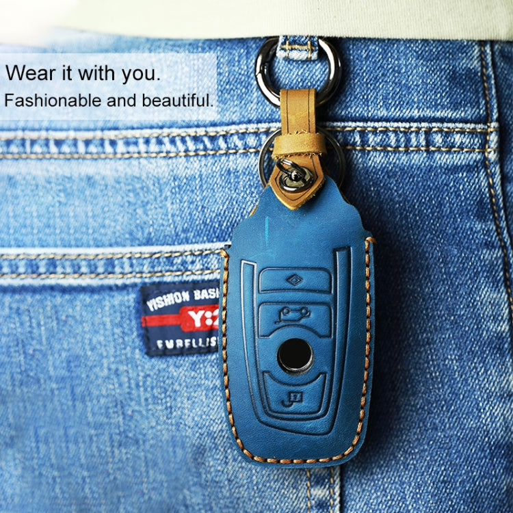For BMW Old Style Car Cowhide Leather Key Protective Cover Key Case, Two Keys Version (Blue) by buy2fix