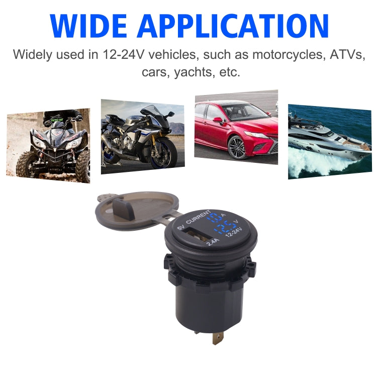 Universal Car Single Port USB Charger Power Outlet Adapter 2.4A 5V IP66 with LED Digital Voltmeter + Ammeter + 60cm Cable(Blue Light) by buy2fix