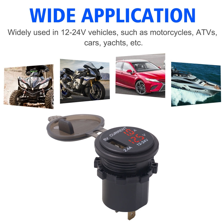 Universal Car Single Port USB Charger Power Outlet Adapter 2.4A 5V IP66 with LED Digital Voltmeter + Ammeter + 60cm Cable(Red Light) by buy2fix