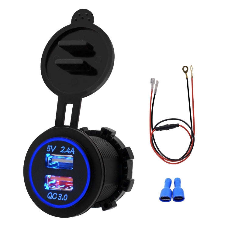 Universal Car QC3.0 Dual Port USB Charger Power Outlet Adapter 5V 2.4A IP66 with 60cm Cable(Blue Light) - DIY Modified Charger by buy2fix | Online Shopping UK | buy2fix