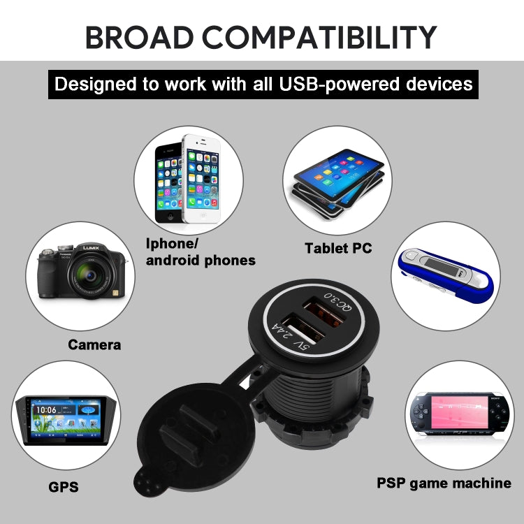 Universal Car QC3.0 Dual Port USB Charger Power Outlet Adapter 5V 2.4A IP66 with 60cm Cable(Blue Light) - DIY Modified Charger by buy2fix | Online Shopping UK | buy2fix