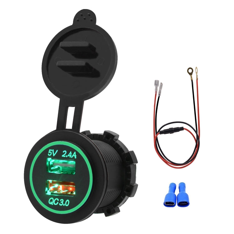 Universal Car QC3.0 Dual Port USB Charger Power Outlet Adapter 5V 2.4A IP66 with 60cm Cable(Green Light) - DIY Modified Charger by buy2fix | Online Shopping UK | buy2fix