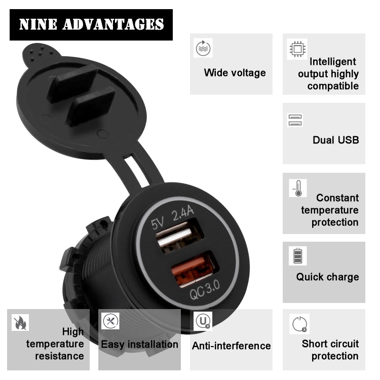 Universal Car QC3.0 Dual Port USB Charger Power Outlet Adapter 5V 2.4A IP66 with 60cm Cable(Green Light) - DIY Modified Charger by buy2fix | Online Shopping UK | buy2fix