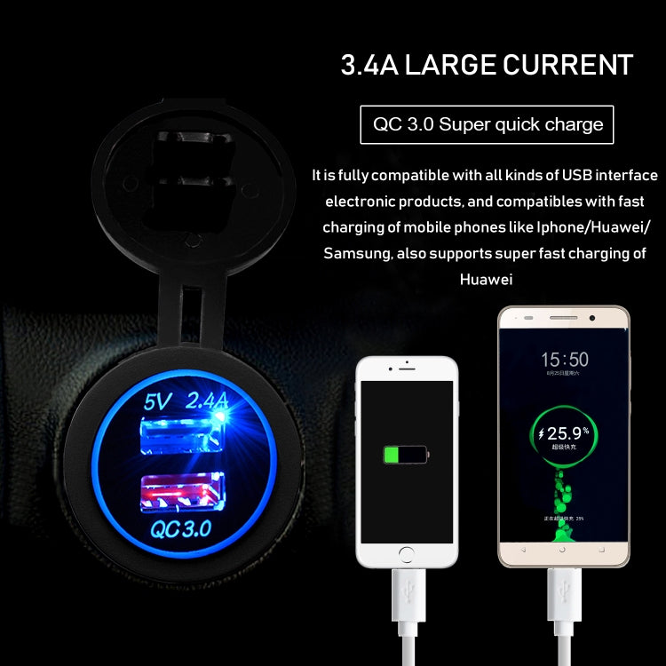 Universal Car QC3.0 Dual Port USB Charger Power Outlet Adapter 5V 2.4A IP66 with 60cm Cable(Green Light) - DIY Modified Charger by buy2fix | Online Shopping UK | buy2fix