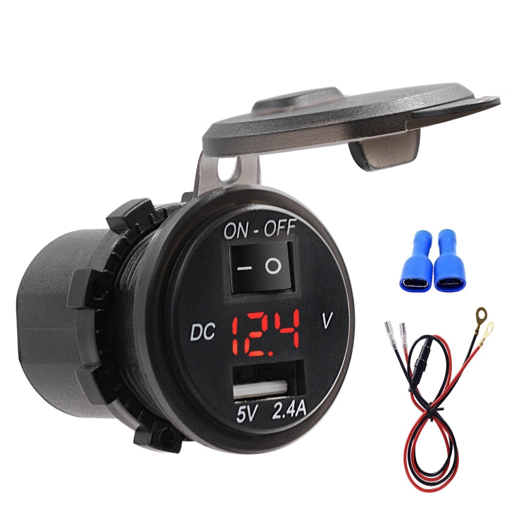 Universal Car Single Port USB Charger Power Outlet Adapter 2.4A 5V IP66 with LED Digital Voltmeter + Switch + 60cm Cable(Red Light) - DIY Modified Charger by buy2fix | Online Shopping UK | buy2fix