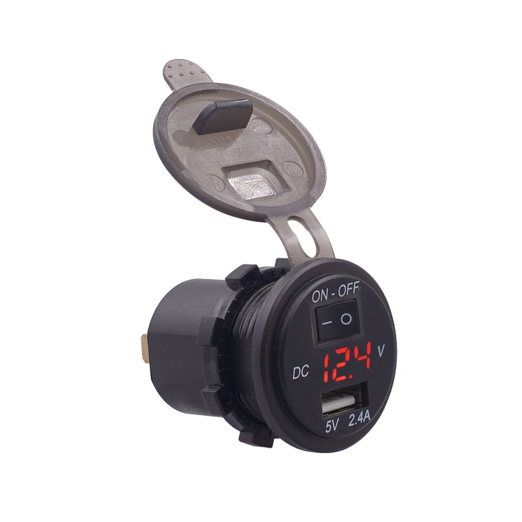 Universal Car Single Port USB Charger Power Outlet Adapter 2.4A 5V IP66 with LED Digital Voltmeter + Switch + 60cm Cable(Red Light) - DIY Modified Charger by buy2fix | Online Shopping UK | buy2fix