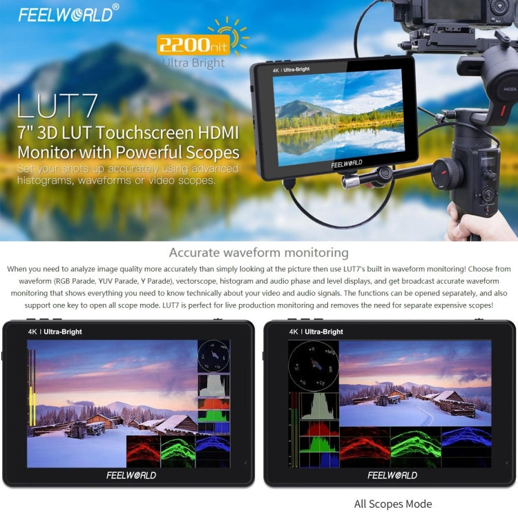 FEELWORLD LUT7 1920x1200 2200 nits 7 inch IPS Screen HDMI 4K Touch Screen Camera Field Monitor - On-camera Monitors by FEELWORLD | Online Shopping UK | buy2fix
