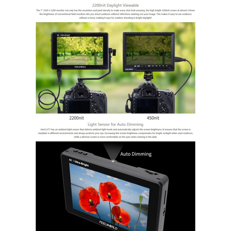 FEELWORLD LUT7 1920x1200 2200 nits 7 inch IPS Screen HDMI 4K Touch Screen Camera Field Monitor - On-camera Monitors by FEELWORLD | Online Shopping UK | buy2fix