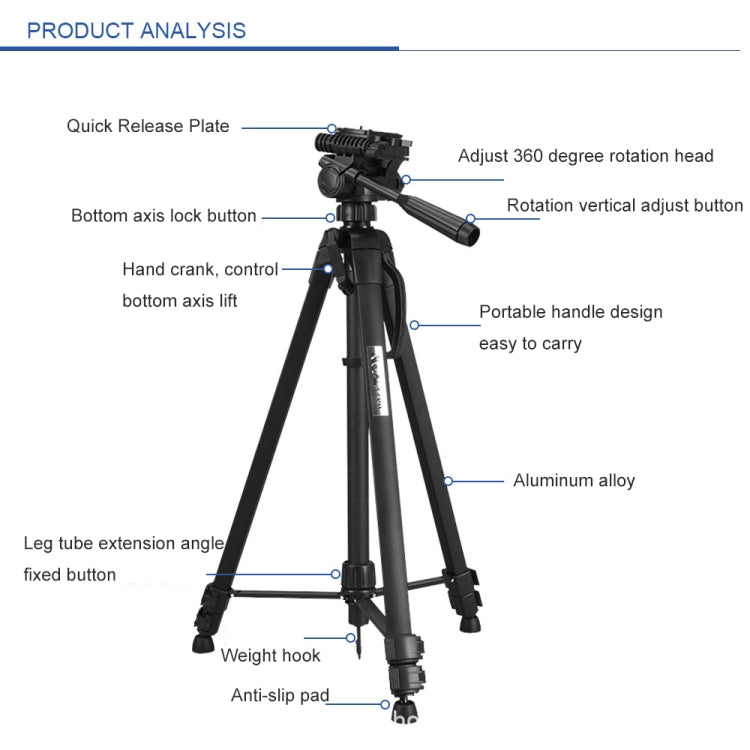 WeiFeng WT-3560 3-Section Folding Legs Live Broadcast Aluminum Alloy Tripod Mount (Black) - Tripods by buy2fix | Online Shopping UK | buy2fix