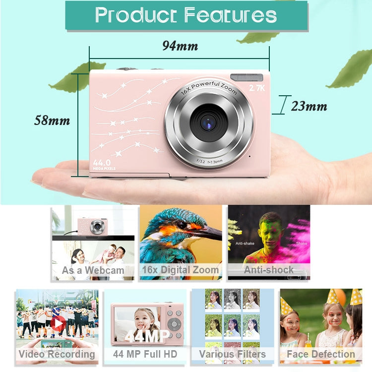 DC402 2.4 inch 44MP 16X Zoom 1080P Full HD Digital Camera Children Card Camera, US Plug (Pink) - Children Cameras by buy2fix | Online Shopping UK | buy2fix
