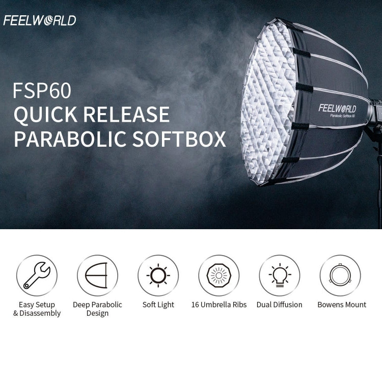 FEELWORLD FSP60 60cm Parabolic Softbox Quick Release Diffuser with Bowens Mount (Black) - by FEELWORLD | Online Shopping UK | buy2fix