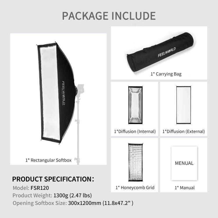 FEELWORLD FSR120 30x120cm Rectangular Softbox Quick Release Bowens Mount Diffuser - by FEELWORLD | Online Shopping UK | buy2fix