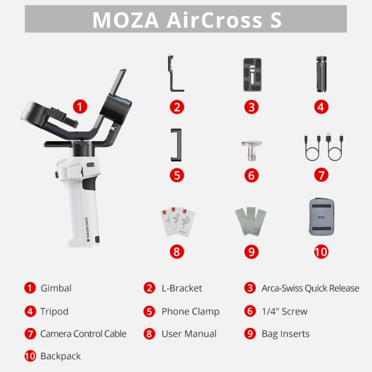 MOZA AirCross S 3 Axis Foldable Handheld Gimbal Stabilizer for DSLR Cameras and Smart Phone (White) by MOZA