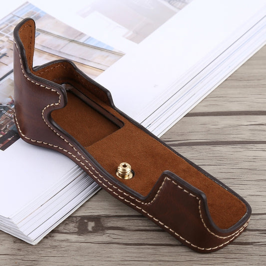 1/4 inch Thread PU Leather Camera Half Case Base for Olympus EM5 / EM5 Mark II (Coffee) - Half Case by buy2fix | Online Shopping UK | buy2fix