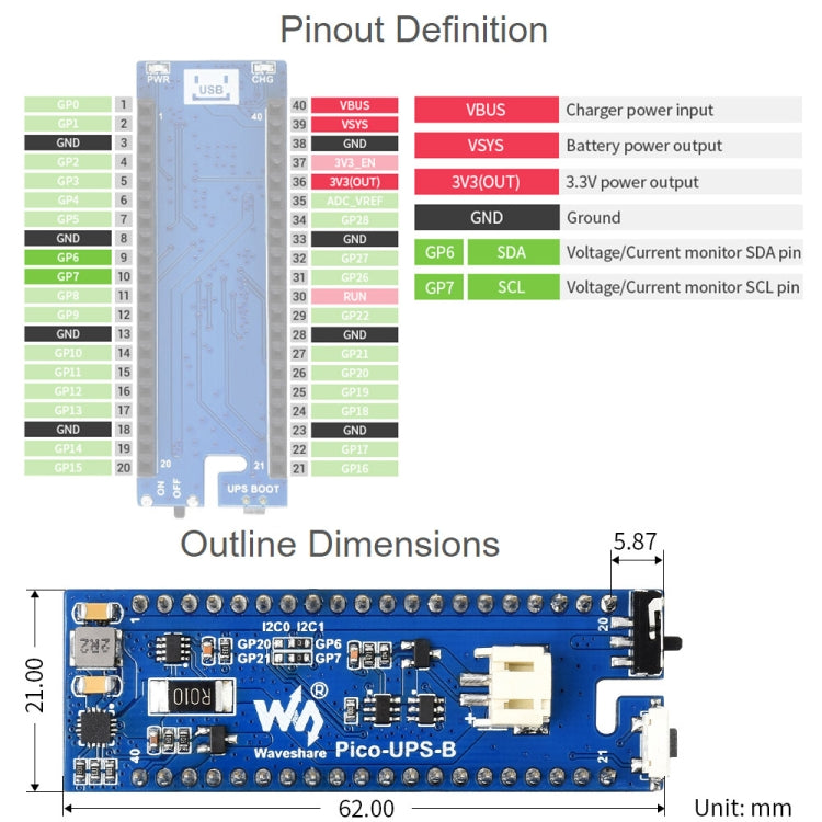 Waveshare UPS Module Uninterruptible Power Supply 600mAh Li-Po Battery Module Stackable Board for Raspberry Pi Pico by WAVESHARE