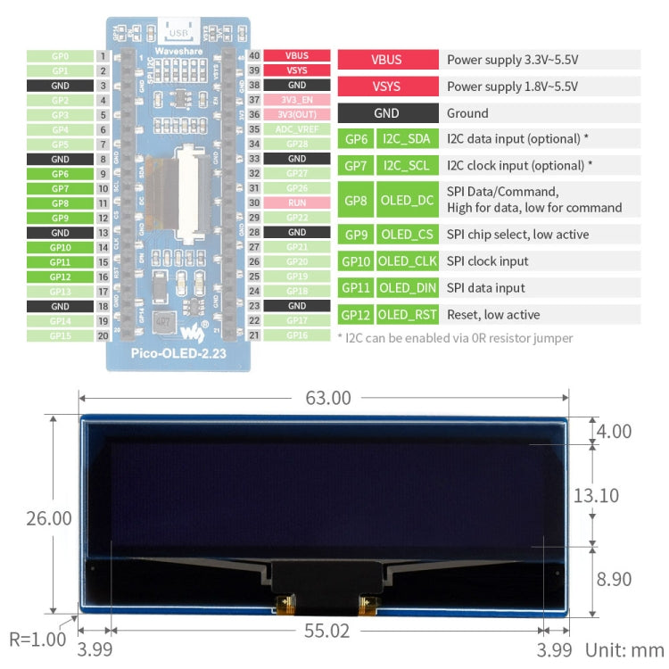 WAVESHARE 128 x 32 Pixel 2.23 inch OLED Display Module for Raspberry Pi Pico, SPI/I2C by WAVESHARE